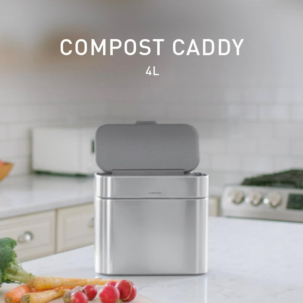 simplehuman CW1645 Cubo para basura orgánica, Cubo de compostaje de alimentos para la cocina, Cubo de basura de residuos orgánicos, Acero inoxidable cepillado, 4 L