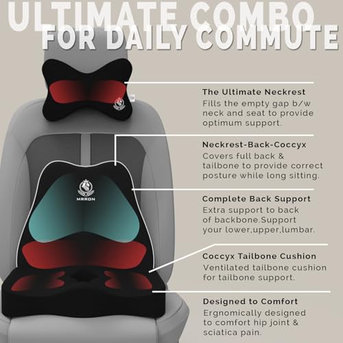 Image of MRRON Memory Foam Car Seat Cushion Combo - Backrest, Coccyx Cushion & Neckrest - Orthopedic Support for Back, Sciatica & Neck Pain - Ergonomic Comfort for Car, Office. (Black, Slim Backrest)