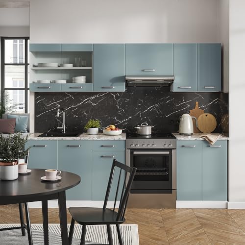 Vicco Küchenzeile Raul, Blau-Grau/Weiß, 240 cm ohne Arbeitsplatte
