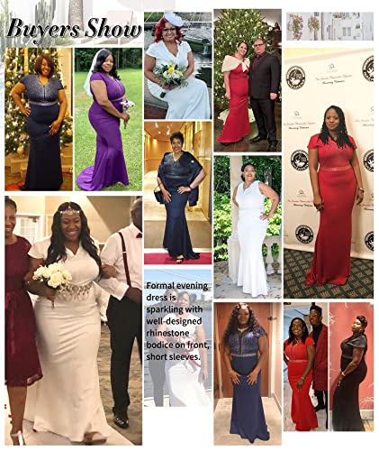 LALAGEN Women's Short Sleeve Rhinestone Plus Size Long Cocktail Evening Dress Navy XL - Image 3