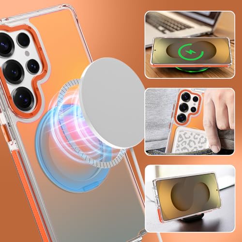 Image of Magnetic for Samsung Galaxy S25 Ultra Case with 360 Stand [Compatible with Magsafe] [Fluorescent Design] [1 Screen Protector] Slim Translucent Matte Case for Galaxy S25 Ultra 6.9 inch, Orange