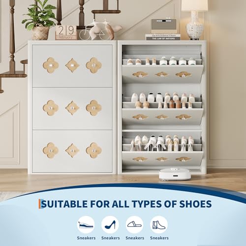 Image of GarveeHome Shoe Storage Cabinet with 3 Flip Drawers, Narrow Wood Shoe Organizer Cabinet with Floral Pattern, Freestanding Slim Shoe Rack Cabinet with Adjustable Shelves, for Entryway, Hallway, White | Floral Pattern, Shoe Cabinet for Entryway, Hallway, Living Room, Narrow Wooden Shoe Cabinet with Adjustable Shelves