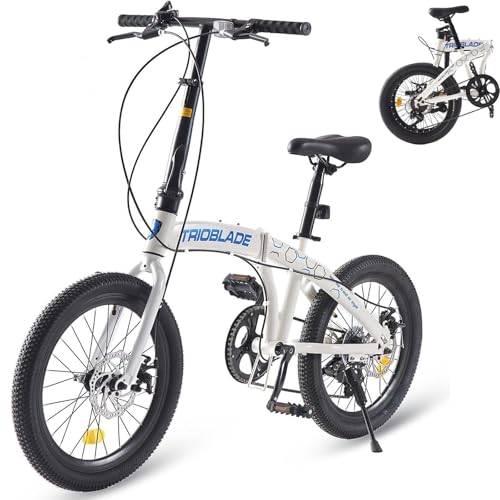 LSBIKE 20 Zoll Klapprad, 7-Gang Shimano Schaltung, Faltbares City Bike mit Scheibenbremse, Leichtes Fahrrad für Erwachsene & Jugendliche, Tragbares Stadtrad (Weiß-Blau)
