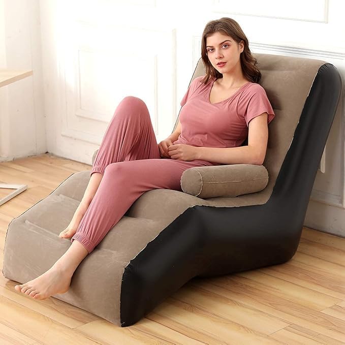 SYCTAX Brown Inflatable Lazy Sofa Chair with Household Air Pump | Foldable Lounge Chair with Armrests for Living Room Bedroom Office Travel and Camping-image-27