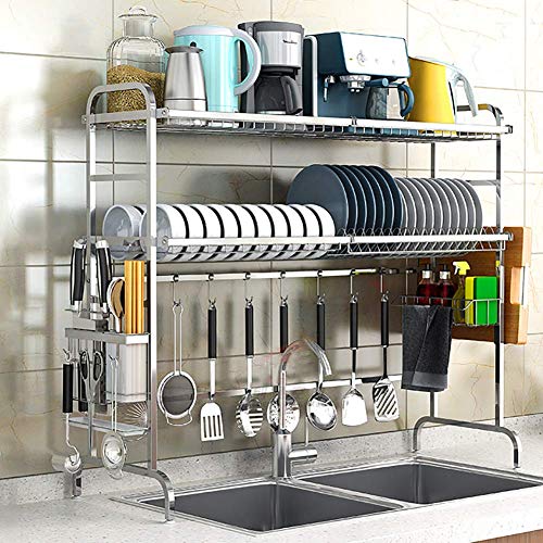 2 Tier Geschirrtrockner über Spüle, Edelstahl Geschirrablage Regal mit Besteckhalter Geschirrkorb Counter Organizer Silber 79cm (31inch)