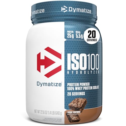 Image of Dymatize ISO100 Whey Protein Powder Isolate, Fudge Brownie, 25g of Protein, 5.5g BCAAs, Less Than 120 Cal., Gluten Free, 1g Fat, 1g Sugar, 2g Carb (20 Servings)