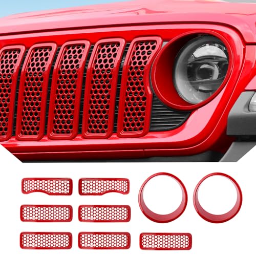 Image of JeCar Mesh Grill Inserts for Jeep Wrangler JL 2024+ Grill Covers & Headlight Cover Trim (Red)