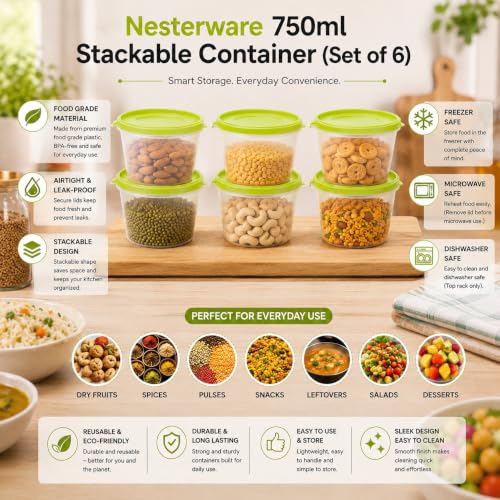 Image of Cutting EDGE Nesterware 750ml Stackable Food Container (Set of 6, Green) | BPA-free plastic, stackable design, leak-proof, kitchen storage, pantry, fridge, meal prep, reusable, travel use