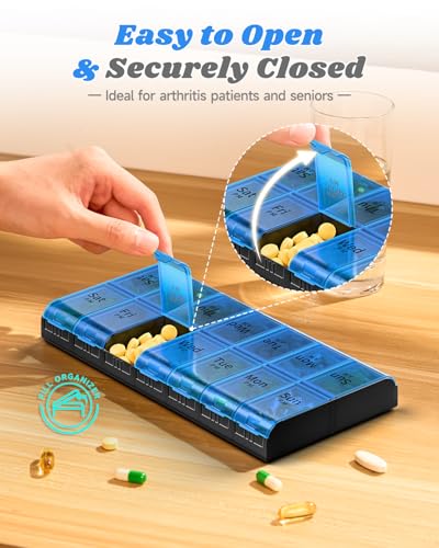 Image of Extra Large Pill Organizer 2 Times a Day, Weekly XL AM PM Pill Case, 7 Day Pill Box Twice a Day, Oversized Daily Medicine Organizer for Vitamins (Blue)