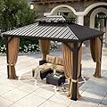 10 X 12ft Hardtop Gazebo with Nettings and Curtains, Heavy Duty Double Roof Galvanized Steel, Outdoor Aluminum Permanent Gazebos for Patios, Backyard, Deck, Garden, Lawns