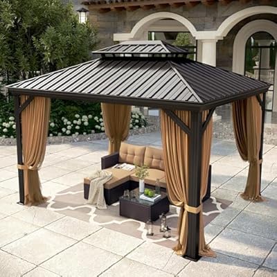 10 X 12ft Hardtop Gazebo with Nettings and Curtains, Heavy Duty Double Roof Galvanized Steel, Outdoor Aluminum Permanent Gazebos for Patios, Backyard, Deck, Garden, Lawns