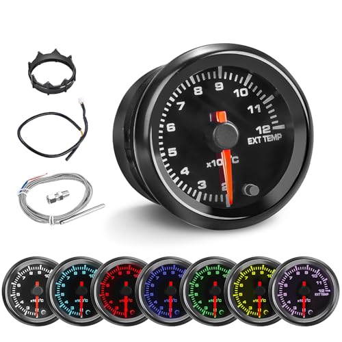 7 Color EGT Gauge 200-1200 Celsius Pyrometer Exhaust Gas Temperature EGT Gauge Kit 2-1/16 52mm LED Backlight - Black Dial - Clear Lens - Detect and Display Exhaust Temperatures for Diesel Trucks