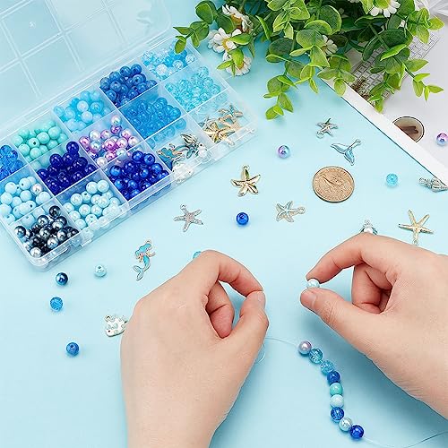 PH PandaHall 345pcs 8mm Blue Glass Beads Shell Starfish Charms Mermaid Pendants Crackle Bead Ocean Beach Beads Charms for Summer Seaside Jewellery Making Bracelets Necklaces Earring Crafts - Image 3