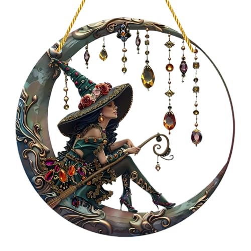 Huipalon Sun Catchers for Windows Vintage Acrylic Sheet Suncatcher Moon & Witch Ornaments Gothic Stained Glass Window Decorations Witch Gifts Acrylic UV Printing Sun Catcher(20 * 20cm)