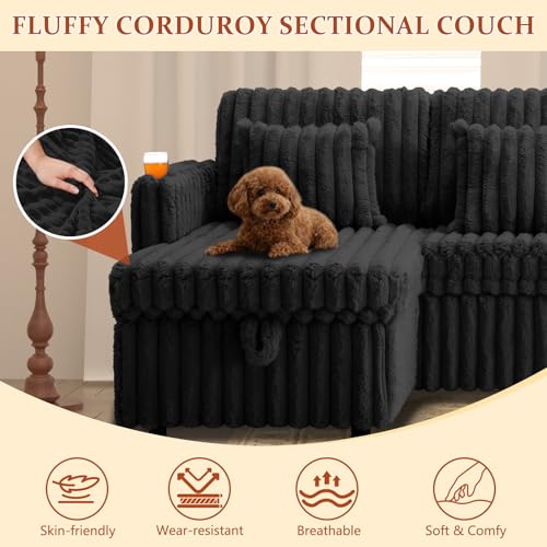 Image of 107'' Sectional Sleeper Sofa with Pull Out Bed, Storage Chaise, Adjustable Backrest, USB Charger, Cup Holder & Side Pocket, Fluffy Soft Corduroy U Shaped Couch for Living Room, Black