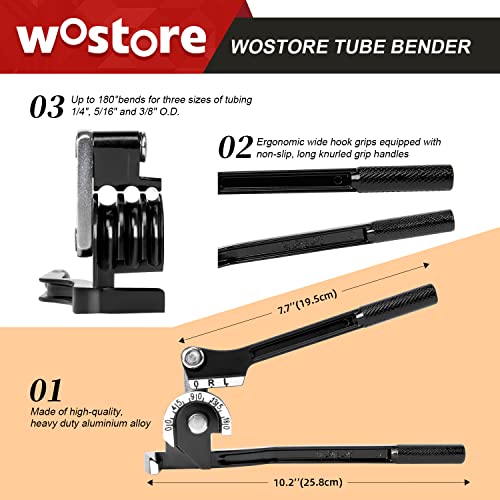 Image of Wostore 180 Degree Tubing Bender, 3-in-1 for 1 /4 inch 5 /16 inch 3 /8 inch OD, Machined Aluminum Alloy Non-Slip Grip, 0-180 for Copper Aluminum Brass Thin Stainless Steel, HVAC Plumbing Automotive Repair Black