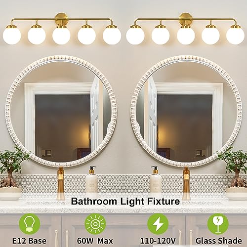 Image of Bathroom Light Fixtures 39in 5-Light Brushed Gold Vanity Light for Mirror | Bathroom Lighting Fixtures over Mirror, ETL, Brushed Brass Wall Sconce, Dimmable E12 Base Max 60W, Milky Glass Ball Shades