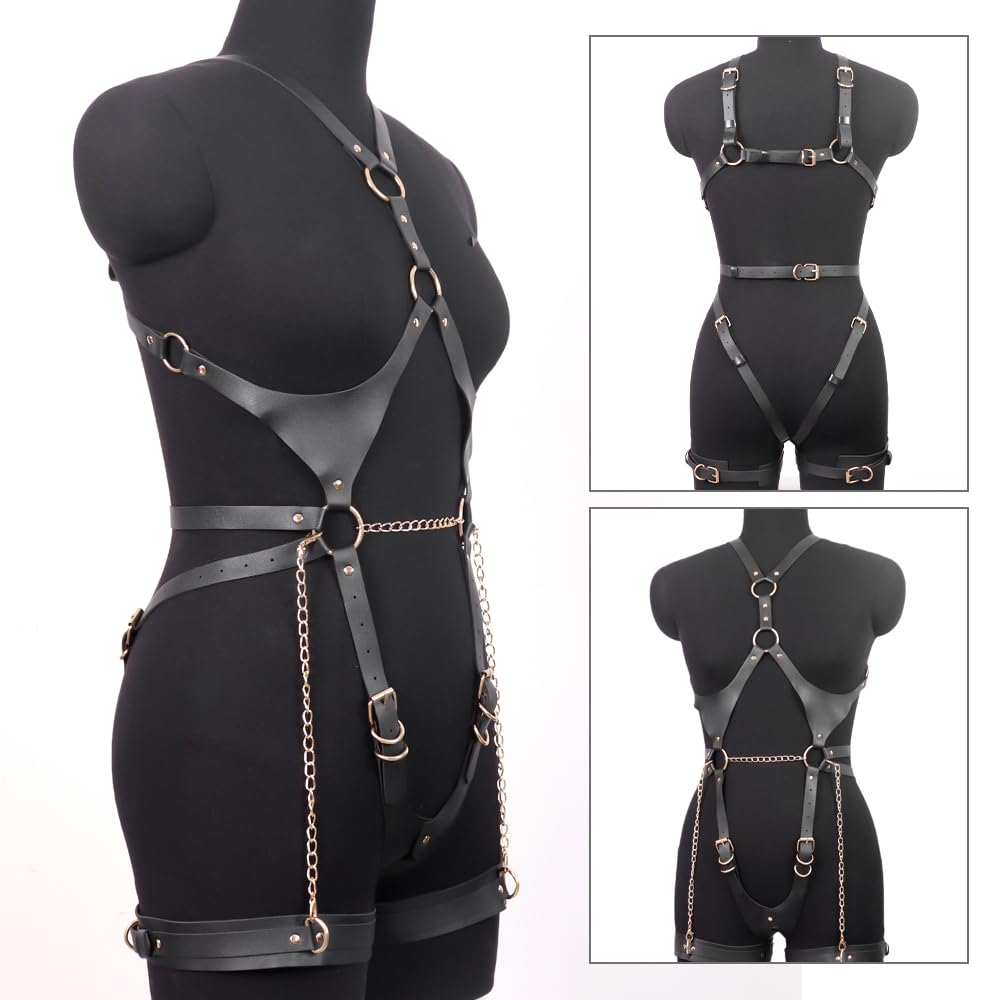 Harness Damen Leder Tenue Sexy, Bdsm Bondage Set mit Collier&Laisse&Une Pièce&Menottes, Body Sexy Femme Érotique, Sexy Outfit für Damen Party