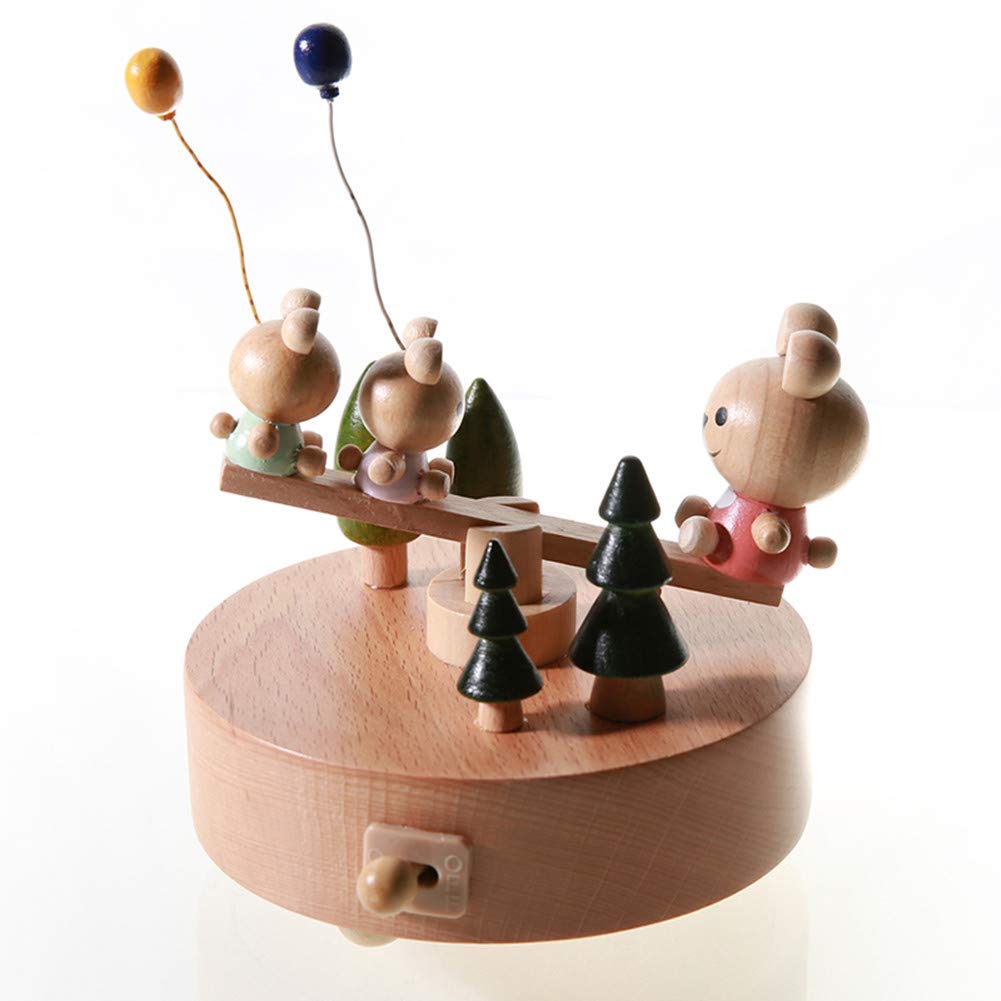 Scénarios Innovants Boîte à Musique en Bois, Premier Boîte à Musique Créatif Main Manivelle Boîte Décorative en Bois Cadeau et Décorations Idée pour Anniversaire, Noël - Ours Lapin Bascule