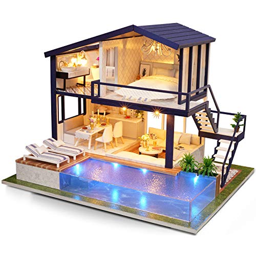 YUACY Puppen Haus Kit,Mini Puppenhaus Modellhaus Poolside Möbel Kit, DIY Modell mit zusätzlicher LED-Lampe
