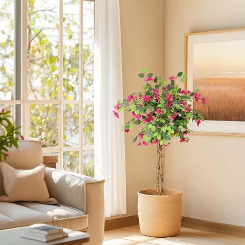 GarveeHome 4 ft Artificial Bougainvillea Tree, Tall Potted Fake Bougainvillea Trees, Faux Tree with Wood Trunk and Pink Flowers for Outdoor Indoor, 4f