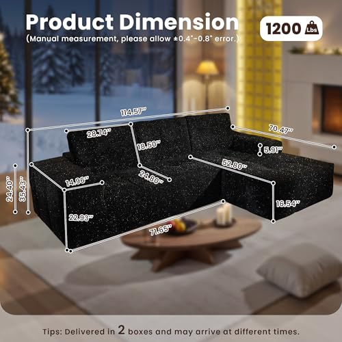 Image of 114 inch Glitter Cloud Sectional Couch with L-Shape Chaise, Modern Boneless Couches for Living Room, Fluffy Tufted Deep Seat Modular Sofa in a Box No Assembly