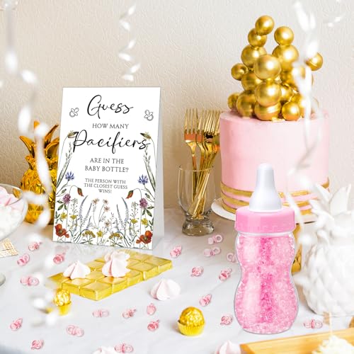 Image of Roowest 512 Pcs Baby Shower Games Guess How Many Pacifiers Sign 100 Small Guessing Games 10 HB Pencils 750ml Milk Bottle 400 Acrylic Pacifiers Decoration for Guest Gender Reveal(Pink,Bloom)