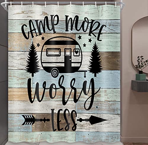 Image of Boziqr Camper RV Shower Curtain Travel Trailer Bathroom Accessories Decor Country Wooden Board Farmhouse Rustic Camping Shower Stall Curtains 60x72 Inches