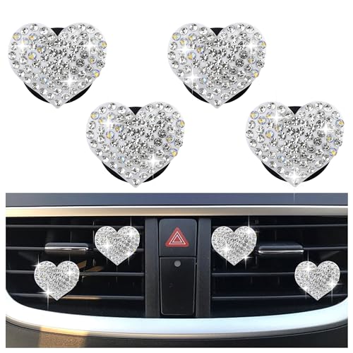 4PCS Heart-Shaped Car Vent Clips with Rhinestone,Bling Air Vent Clips Car Decorations,Premium Shiny Car Clips for Vents CCar Accessories Interior for Cars,Trucks,SUVs (White)