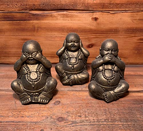 Image of STONE GARDEN SET OF 3 GOLD HAPPY BUDDHA SEE HEAR SPEAK NO EVIL ORNAMENT