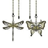 Dotlite Bronze Ceiling Fan Pull Chain Set,Decorative Fan Pull Chain Pendant Extension,12 Inches Lighting & Fan Beaded Ball Fan Pull Chain Extender with Connector,Dragonfly and Butterfly, 2Pack