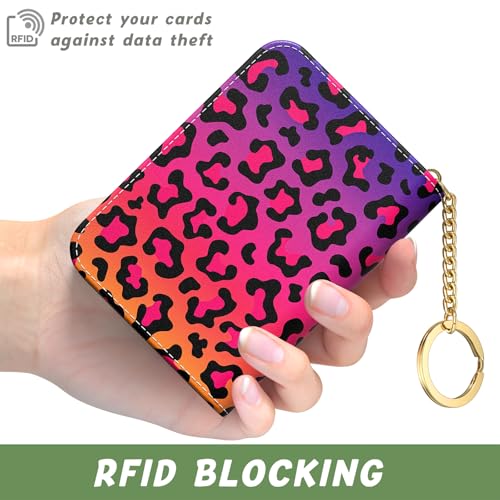 Image of Aiawoxc Credit Card Holder, Small RFID Wallet Slim Leather Card Organizer Case with Zipper and Keychain, Colorful Leopard Print