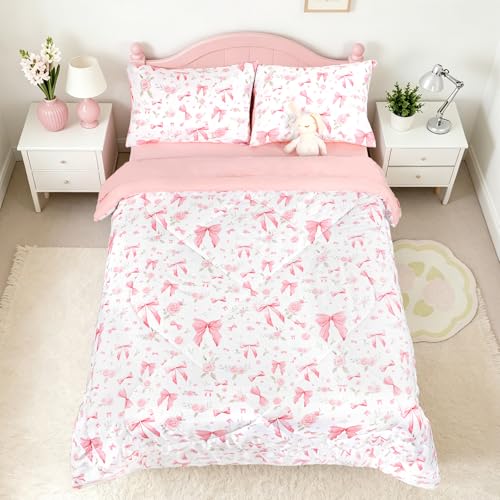 Image of Twin Kids Comforter Set for Girls Pink Rose, 5 Pieces Bed-in-a-Bag Toddler Bedding Set Soft Breathable, Cute Bow Flower Print, Includes Reversible Comforter, Fitted Sheet and Flat Sheet, 2 Pillowcases