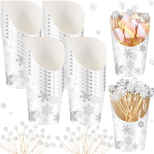 Jingmore 250pcs Winter Snowflake Charcuterie Cups with Picks Set 50pcs Winter French Fries Cups 200pcs Winter Cocktail Picks 14oz Disposable Paper Snack Cups Fruit Sticks for Winter Party(Silver)