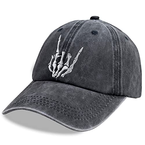 Image of Unisex Skull Skeleton Hand Hat, Embroidered Halloween Bones Finger Adjustable Washed Cotton Denim Baseball Cap