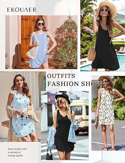 Image of Ekouaer 3 Pack Nightgowns of Women Tank Sleep Shirts Sleeveless Nightshirt for Sleeping Sleepwear V Neck Dress S-2XL