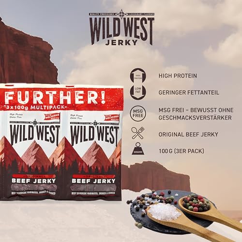 Wild West Beef Jerky, 3 x 100g Original Rindfleisch Snacks, Beef Jerky high Protein Trockenfleisch, Protein Snack, Knabberartikel