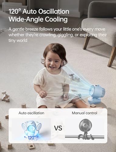JISULIFE Chic Stroller Fan 2026-Baby Cool Helper: Smart 120° Auto Oscillation with 100 Speeds, 21H Super-Long Battery, Portable Baby Fan for Crib, Stroller & Bedroom, Gift for Moms-Blue(Clip)