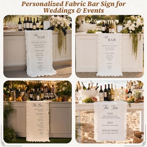 Image of Personalized Linen Bar Sign with Ruffled Edges Wedding Cocktail Menu Fabric Bar Menu Elegant Reception Decor Customized Table Runner for Engagement Party Decoration, Rustic Outdoor Garden Reception