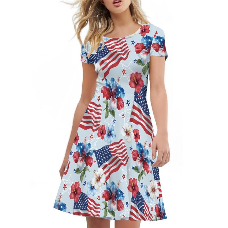 Image of Irisjudy T Shirt Dress for Women Short Sleeve Girls Short Sleeve Dress Plus Size, O Neck Knee Length Midi Dress for Ladies