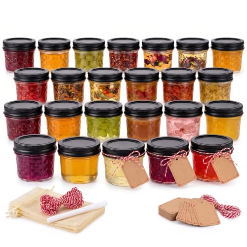 24 Pack 4oz Glass Mini Mason Jars With Black Lids and Crystal Jelly Jars