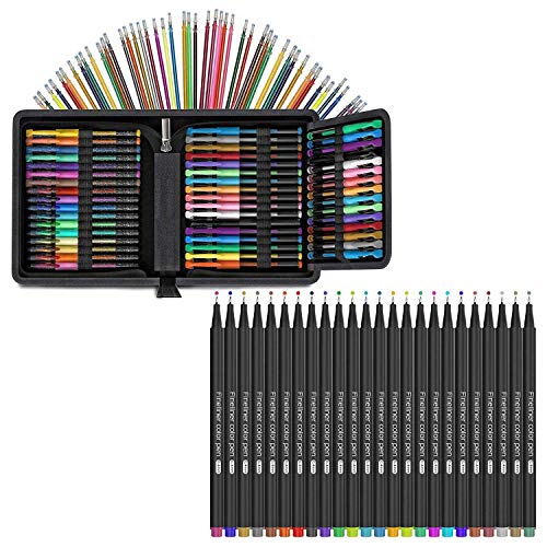 100 Pack of Glitter Gel Pen Set + 24 Pack of Fineliner 0.4mm Color Pens for Coloring Book Drawing Doodling Craft