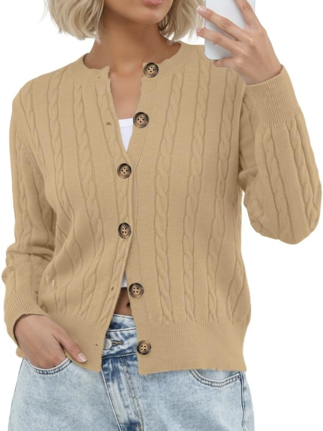 GRECERELLE Women's Long Sleeve Cable Knit Button Down Crew Neck Casual Cardigan Sweater, S-2XL