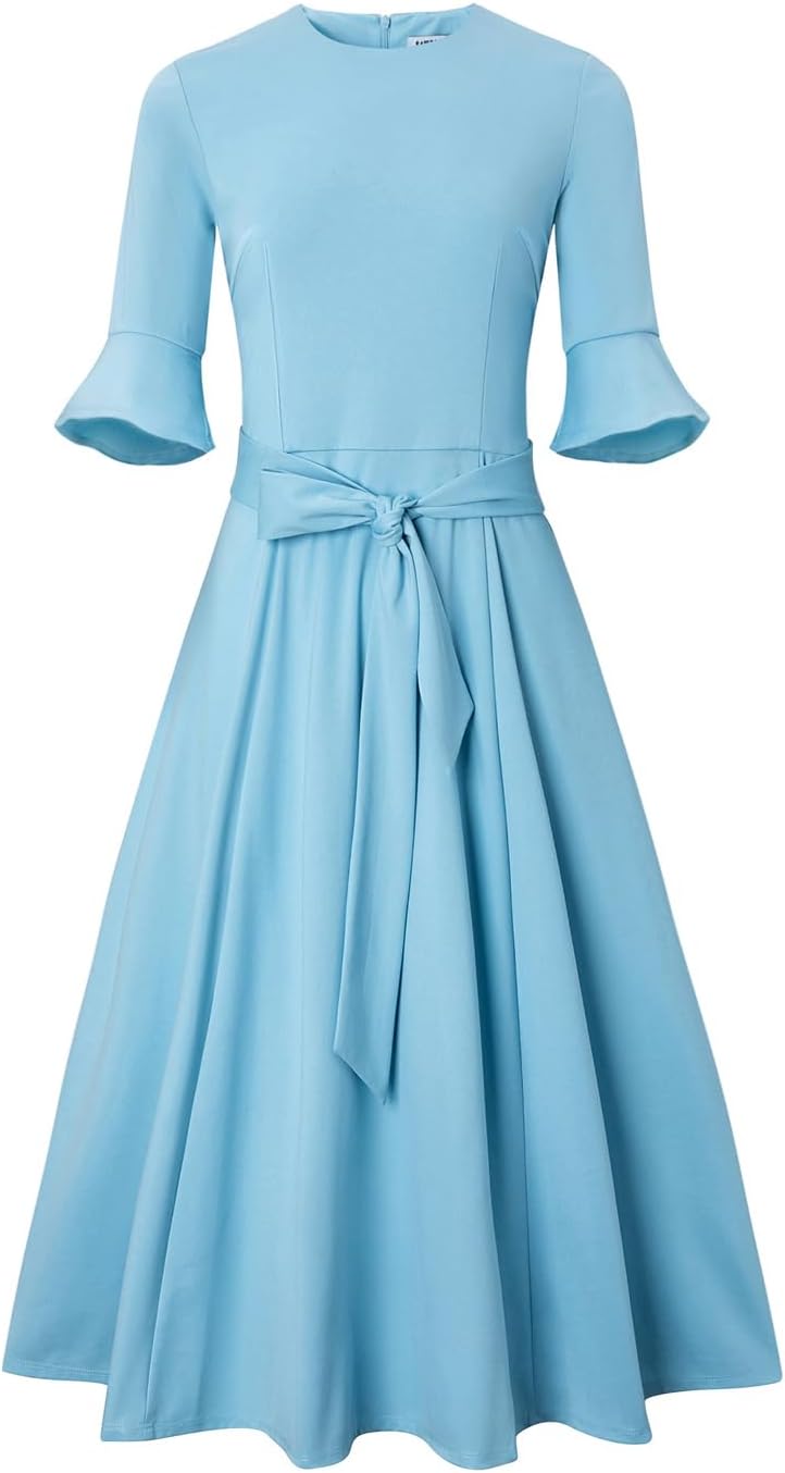FAIRY COUPLE Women's 3/4 Bell Sleeve Midi Dress with Removable Belt, Structured Crew Neck A-Line Church Work Wedding Guest