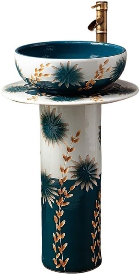 Ceramic Pedestal Sink Outdoor Wash Basin for Bathroom Countertop, Balcony Courtyard Stylish Floor-Standing Vessel Sink, Perfect for Home Use