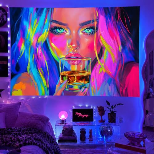 Image of BlissYard Neon Tapestries Cool Girl Anime Wall Tapestry Aesthetic Blacklight Tapestry UV Reactive Purple Tapestries Glow In The Dark Art Wall Hanging Poster Room Bedroom Party Backdrop Decor 78x59 In