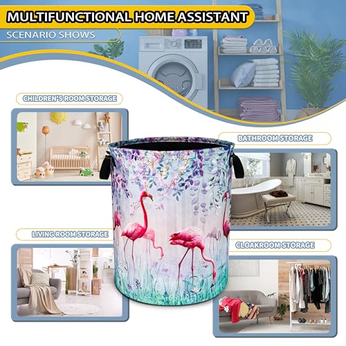 Image of Flamingo Flowers Laundry Basket Foldable Waterproof Hamper 18.9 x 16.5 Inch | Oxford Cloth With Reinforced Handles Lining Design Large-Capacity Storage For Bathrooms /Laundry Rooms / Living Rooms /Bedrooms