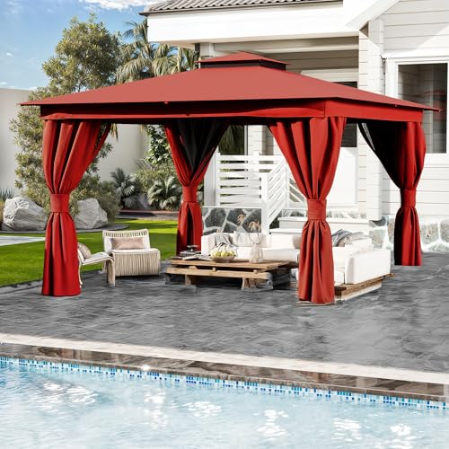 YOLENY 10\'x13\' Outdoor Gazebo for Patio, Heavy Duty Party Tent with Double Roofs, Outdoor Canopy with Curtains and Nettings for Deck, Lawn and Backyard, Wine Red - Thumbnail 2