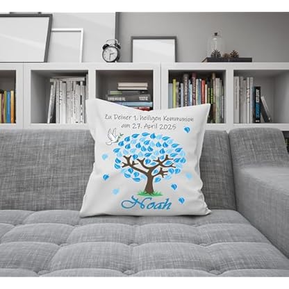 Print Deluxe Kommunion Geschenk, Personalisierbares Kissen Bedruckt für Jungen und Mädchen, mit Namen, Datum,Baum Blau| Dekokissen,| Kuschelkissen 40X40 (ohne Kissenfüllung) – Bild 7