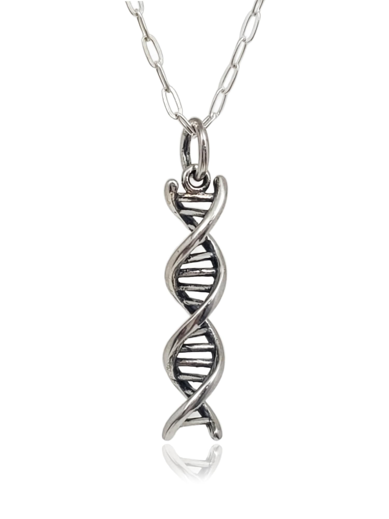 Sterling Silver DNA Double Helix Molecule of Life Charm Necklace, Science Genetics Pendant Jewelry, 18"